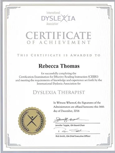 Rebecca Thomas Dyslexia Certificate